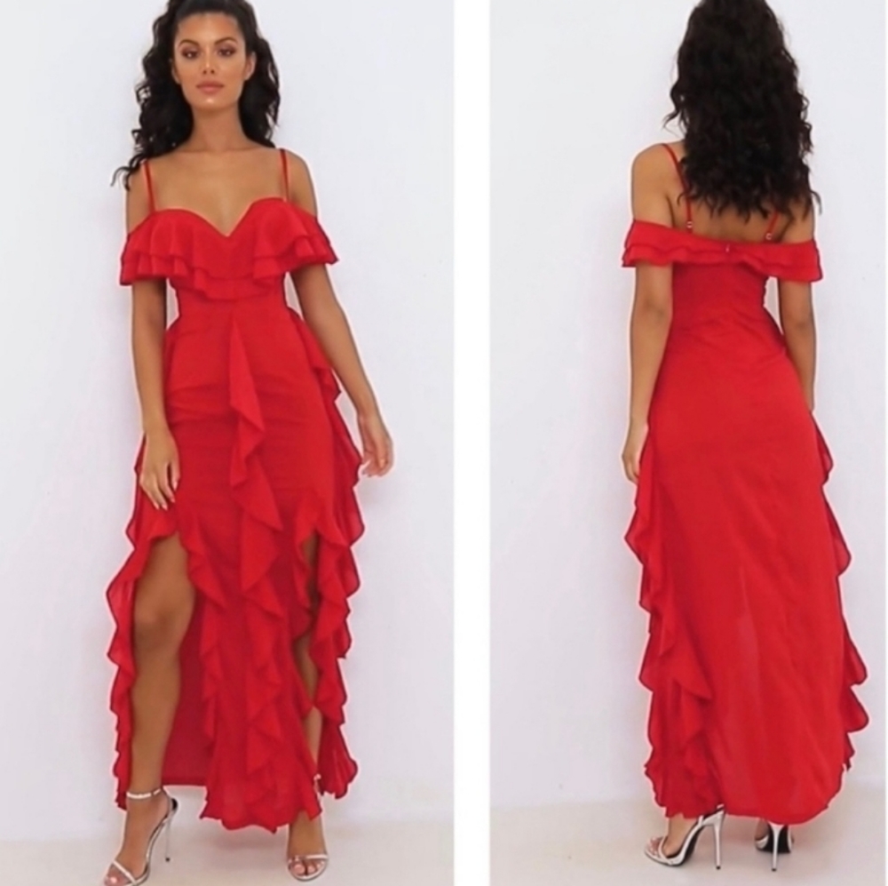 PrettyLittleThing off-shoulder red Ruggles dress